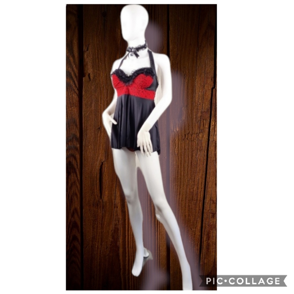 MEDIUM Red leopard print & black babydoll